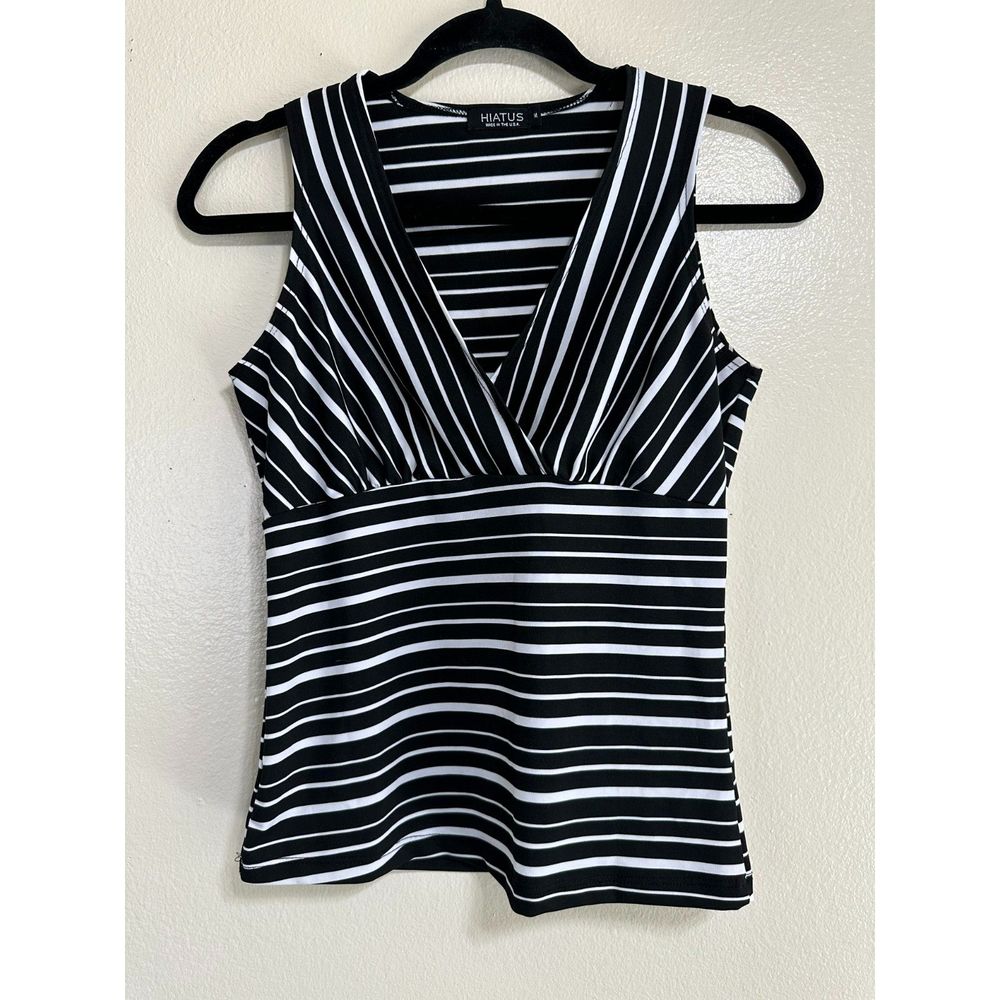 Hiatus Women's Mock Wrap Stretchy Top Size Medium Black/White Striped - Picture 1 of 2